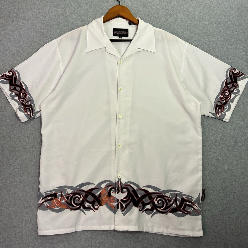 Mens Large Sapphire Eclipse Tribal Flame Button Up Shirt White Black Red Vintage